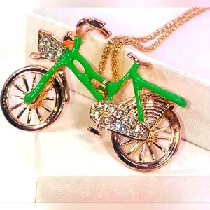 "A STROLL IN THE PARK!" GORGEOUS GREEN RHINESTONE BICYCLE NECKLACE NEW!